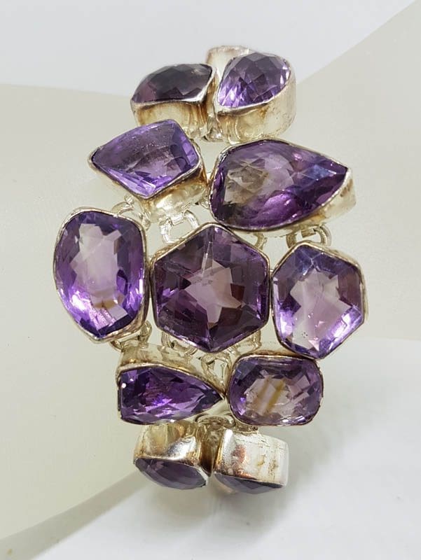 Sterling Silver Large Wide Chunky Unusual Shapes Amethyst Cluster Bracelet
