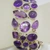 Sterling Silver Large Wide Cabochon and Faceted Amethyst Bracelet