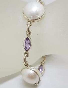 Sterling Silver Mabe Pearl with Marquis Shape Amethyst Bracelet