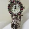 Sterling Silver Marcasite, Emerald, Ruby and Sapphire Dragon Design Watch