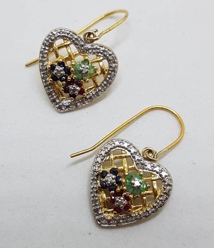 20201005_214326 Sterling Silver Gold Plated Ruby, Emerald and Sapphire Cluster Ornate Heart Drop Earrings