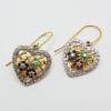 Sterling Silver Gold Plated Ruby, Emerald and Sapphire Cluster Ornate Heart Drop Earrings