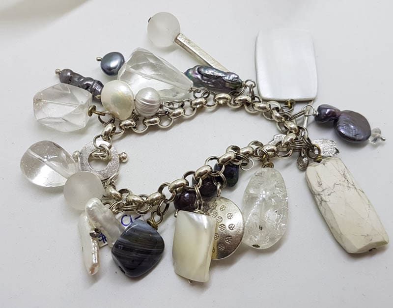 Sterling Silver Vintage Large and Heavy Charm Bracelet with Pearls and Mother of Pearl