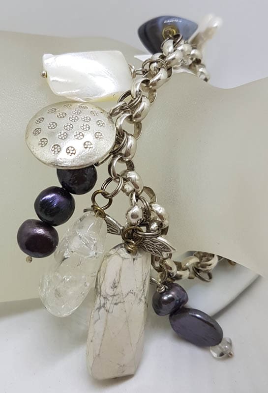 Sterling Silver Vintage Large and Heavy Charm Bracelet with Pearls and Mother of Pearl