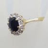 9ct Yellow Gold Oval Sapphire and Diamond Cluster Ring - Vintage / Antique