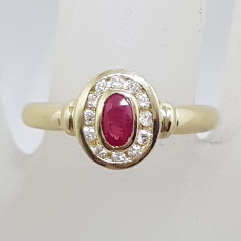 9ct Yellow Gold Natural Ruby & Diamond Oval Channel Set Cluster Ring