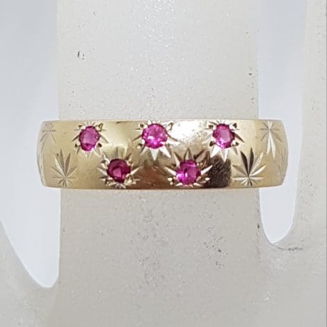 9ct Yellow Gold Wide Patterned Ruby Friendship / Wedding Band Ring