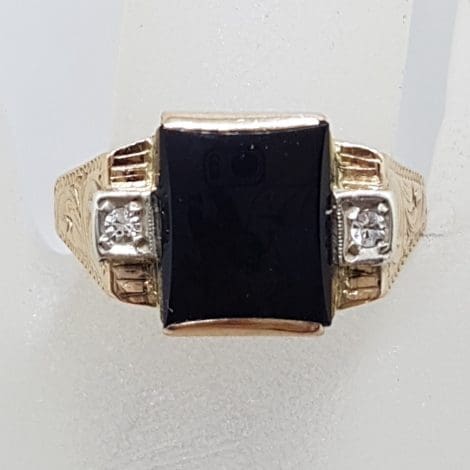 9ct Rose Gold Rectangular Onyx and Cubic Zirconia Gents Ring - Antique / Vintage