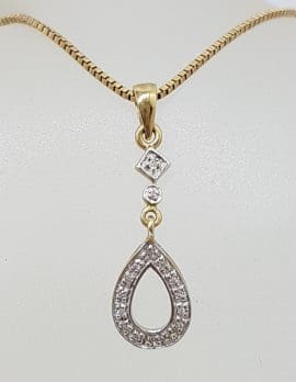9ct Yellow and White Gold - Two Tone - Diamond Teardrop / Pear Shape Pendant on Gold Chain