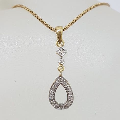 9ct Yellow and White Gold - Two Tone - Diamond Teardrop / Pear Shape Pendant on Gold Chain
