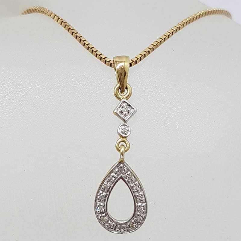 9ct Yellow and White Gold - Two Tone - Diamond Teardrop / Pear Shape Pendant on Gold Chain