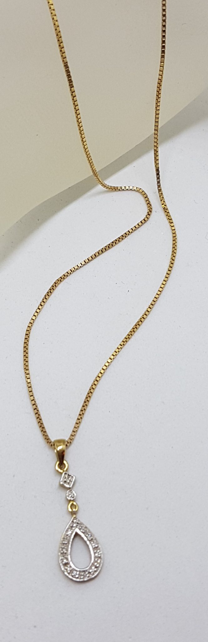 9ct Yellow and White Gold - Two Tone - Diamond Teardrop / Pear Shape Pendant on Gold Chain