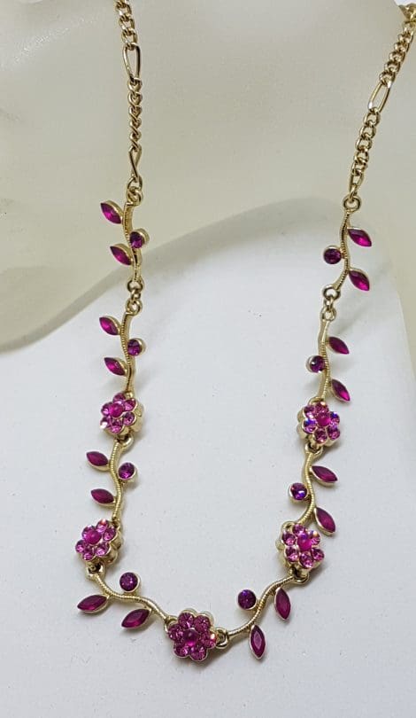 Vintage Plated Pink Rhinestone Floral Drop Necklace