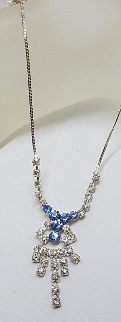 Vintage Plated Blue Rhinestone Drop Necklace