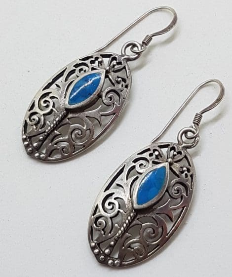 Sterling Silver Blue Filigree Oval Earrings - Vintage