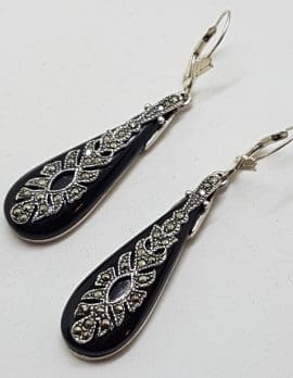 Sterling Silver Ornate Long Teardrop / Pear Shape Marcasite and Onyx Earrings