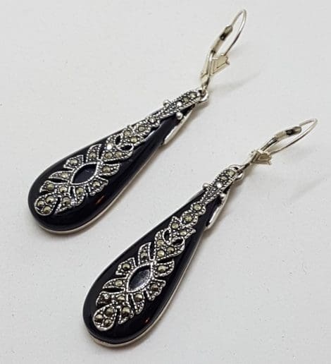 Sterling Silver Ornate Long Teardrop / Pear Shape Marcasite and Onyx Earrings