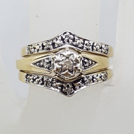 9ct Yellow Gold Diamond Wedding, Engagement and Eternity Three Ring Set - Antique / Vintage