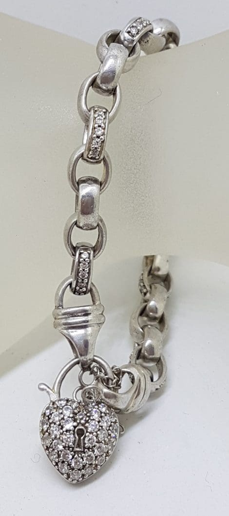 Sterling Silver Heavy Belcher Link Bracelet with Cubic Zirconia Heart Padlock - Vintage