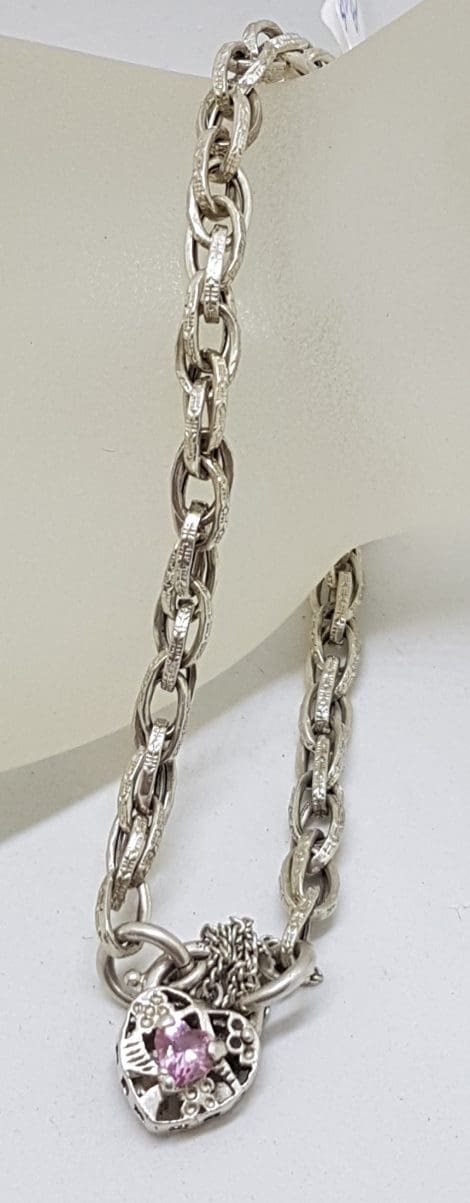Sterling Silver Ornate Link Bracelet with Pink Cubic Zirconia Heart Padlock