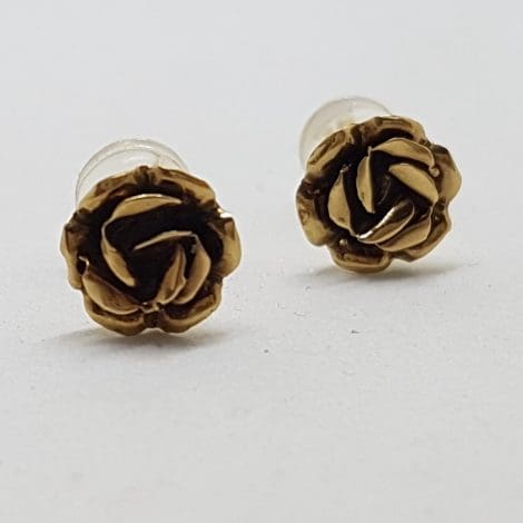 9ct Yellow Gold Rose Stud Earrings - Vintage