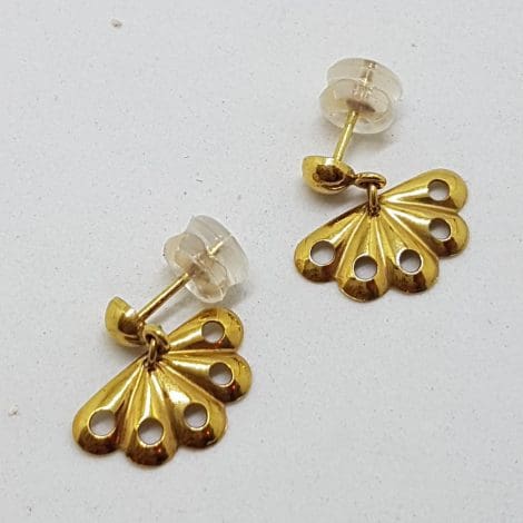 9ct Yellow Gold Fan Shape Drop Earrings - Vintage