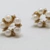 9ct Yellow Gold Round Pearl Cluster Studs / Earrings - Vintage