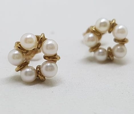 9ct Yellow Gold Round Pearl Cluster Studs / Earrings - Vintage