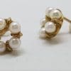 9ct Yellow Gold Round Pearl Cluster Stud Earrings - Vintage