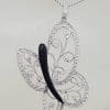 18ct White Gold Large Ornate Filigree Onyx & Diamond Butterfly Pendant on Gold Chain