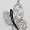 18ct White Gold Large Ornate Filigree Onyx & Diamond Butterfly Pendant on Gold Chain