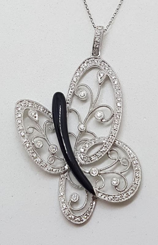 20201027_145733 18ct White Gold Large Ornate Filigree Onyx & Diamond Butterfly Pendant on Gold Chain