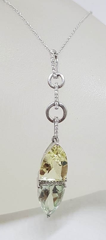 9ct White Gold Green Amethyst / Prasiolite , Citrine and Diamond Pendant on White Gold Chain