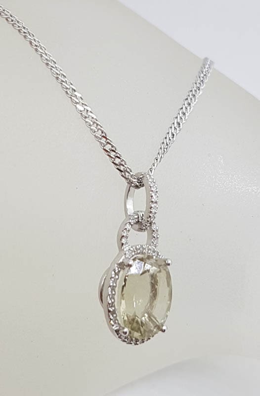 14ct White Gold Oval Lemon Citrine & Diamond Pendant on 9ct Gold Chain