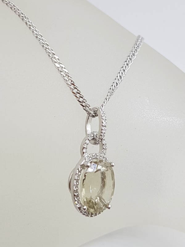 14ct White Gold Oval Lemon Citrine & Diamond Pendant on 9ct Gold Chain