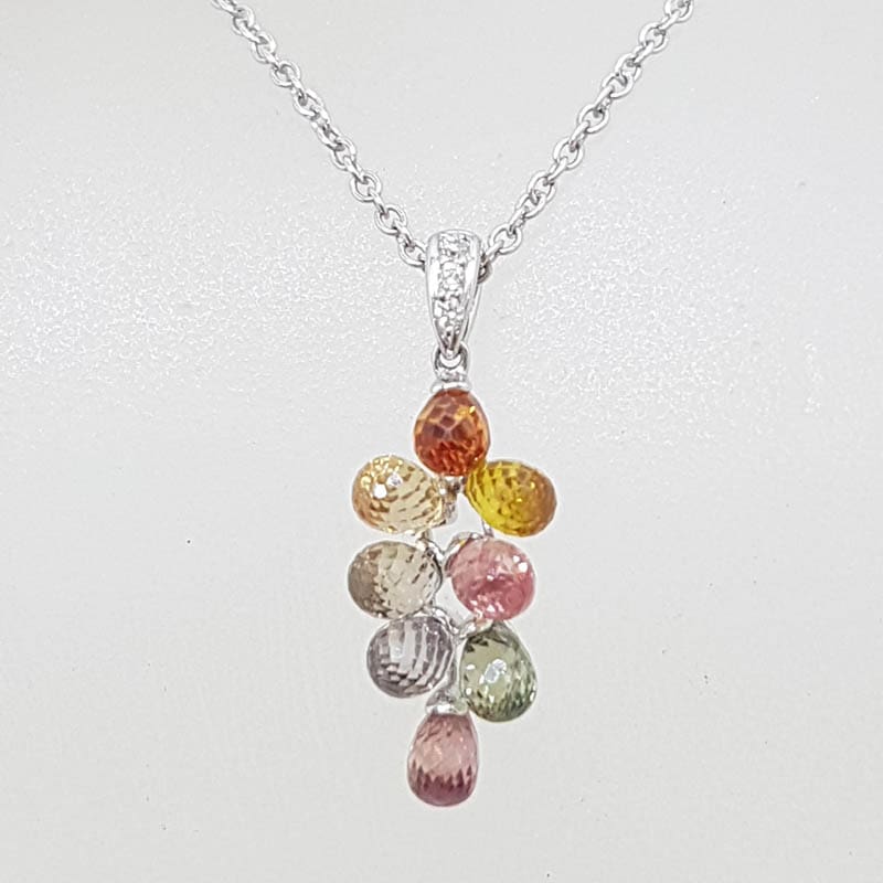 18ct White Gold Multi-Coloured Natural Sapphire and Diamond Grape Cluster Pendant on 9ct Chain