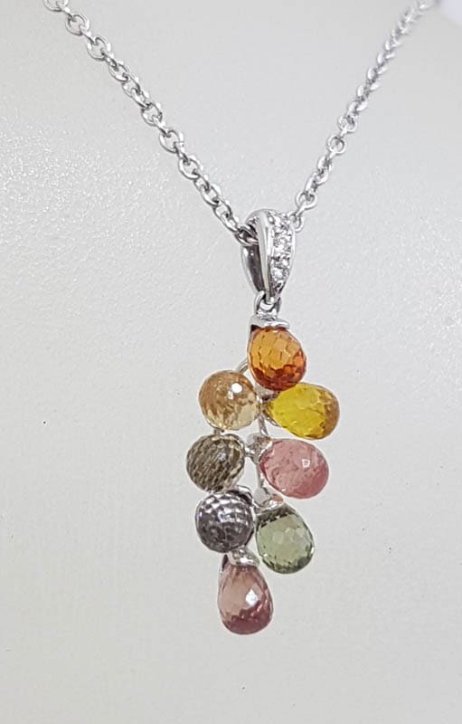 18ct White Gold Multi-Coloured Natural Sapphire and Diamond Grape Cluster Pendant on 9ct Chain