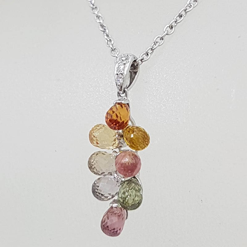 18ct White Gold Multi-Coloured Natural Sapphire and Diamond Grape Cluster Pendant on 9ct Chain