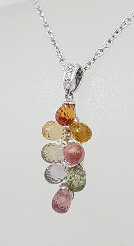18ct White Gold Multi-Coloured Natural Sapphire and Diamond Grape Cluster Pendant on 9ct Chain