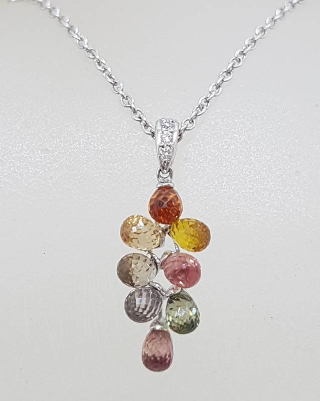 18ct White Gold Multi-Coloured Natural Sapphire and Diamond Grape Cluster Pendant on 9ct Chain