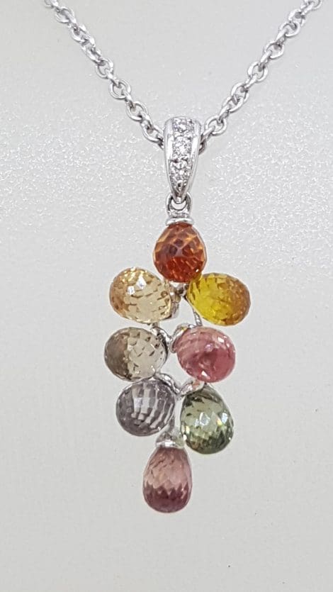18ct White Gold Multi-Coloured Natural Sapphire and Diamond Grape Cluster Pendant on 9ct Chain