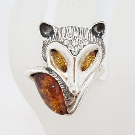 Sterling Silver Large Natural Baltic Amber and Cubic Ziroconia Fox Ring