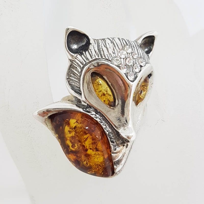 Sterling Silver Large Natural Baltic Amber and Cubic Ziroconia Fox Ring