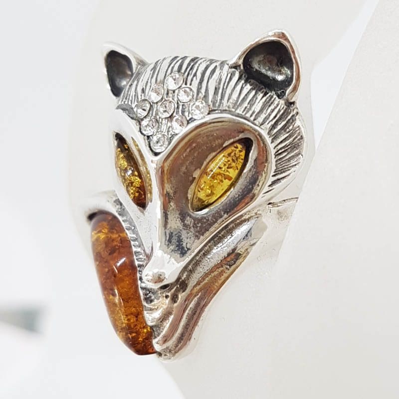 Sterling Silver Large Natural Baltic Amber and Cubic Ziroconia Fox Ring