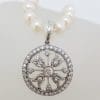Sterling Silver Cubic Zirconia Round Ornate Enhancer Pendant on Pearl Necklace / Chain