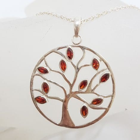 Sterling Silver Garnet Large Round Tree of Life Pendant on Sterling Silver Chain