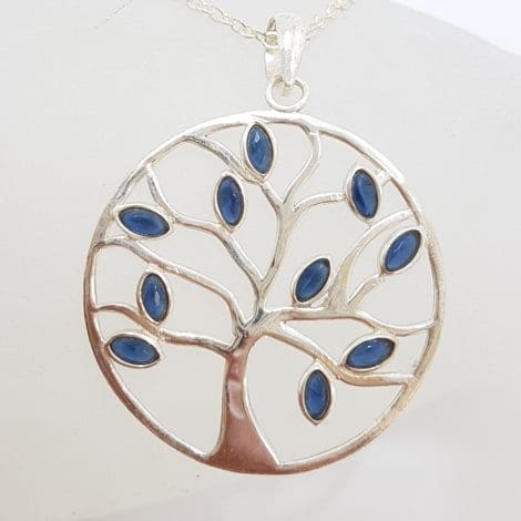 Sterling Silver Sapphire Large Round Tree of Life Pendant on Sterling Silver Chain