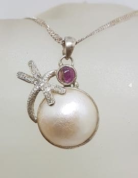 Sterling Silver Round Mabe Pearl with Pink Tourmaline Dragonfly Pendant on Silver Chain