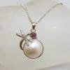 Sterling Silver Round Mabe Pearl with Pink Tourmaline Dragonfly Pendant on Silver Chain