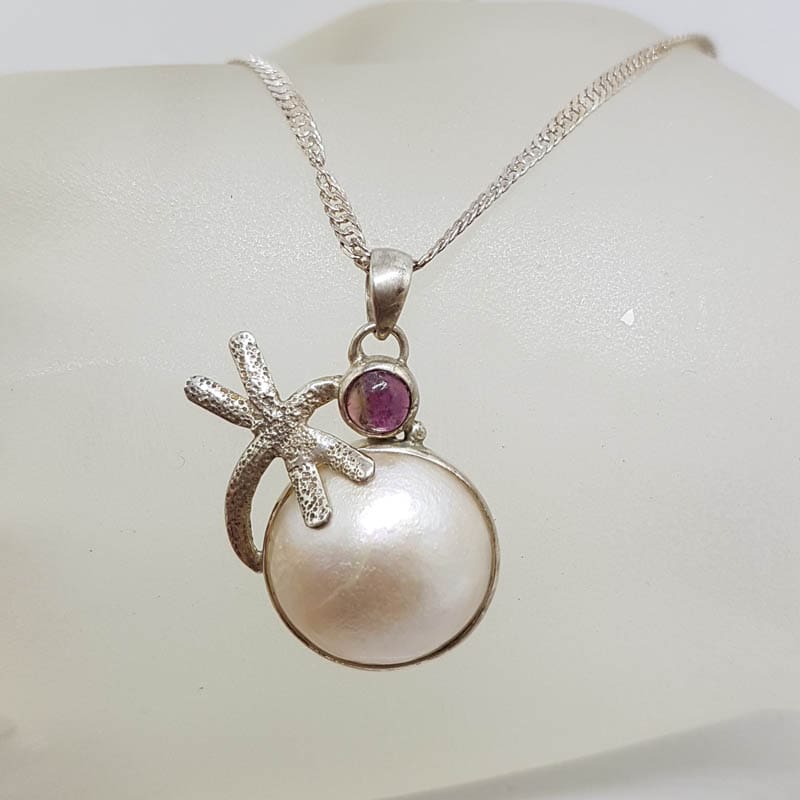 20201026_211702 Sterling Silver Round Mabe Pearl with Pink Tourmaline Dragonfly Pendant on Silver Chain